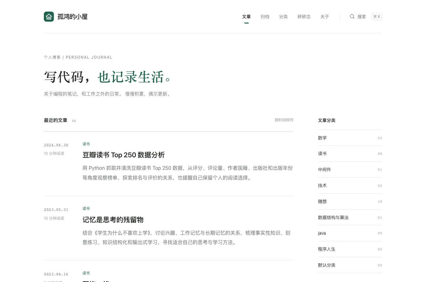 孤鸿个人博客的文章列表与阅读界面